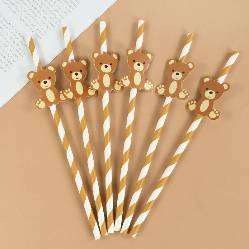 Pailles en papier ours en peluche pour enfants, ours mignon, marron, rose, poulet, paille à boire, anniversaire, fête préChristophe, fournitures de décoration, 20 pièces
