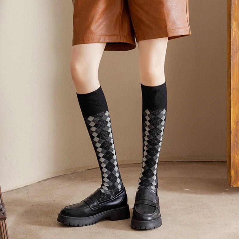 Diamond plaid pattern Green Knee socks women ins Party knee-high stockings Over Knee long ladies girls
