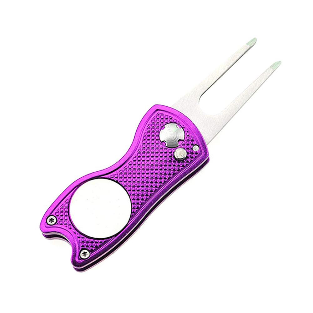 Golf Divot Tool Folding Golf Turf Tool with Pop Up Button and Magnetic Ball Maker: Purple