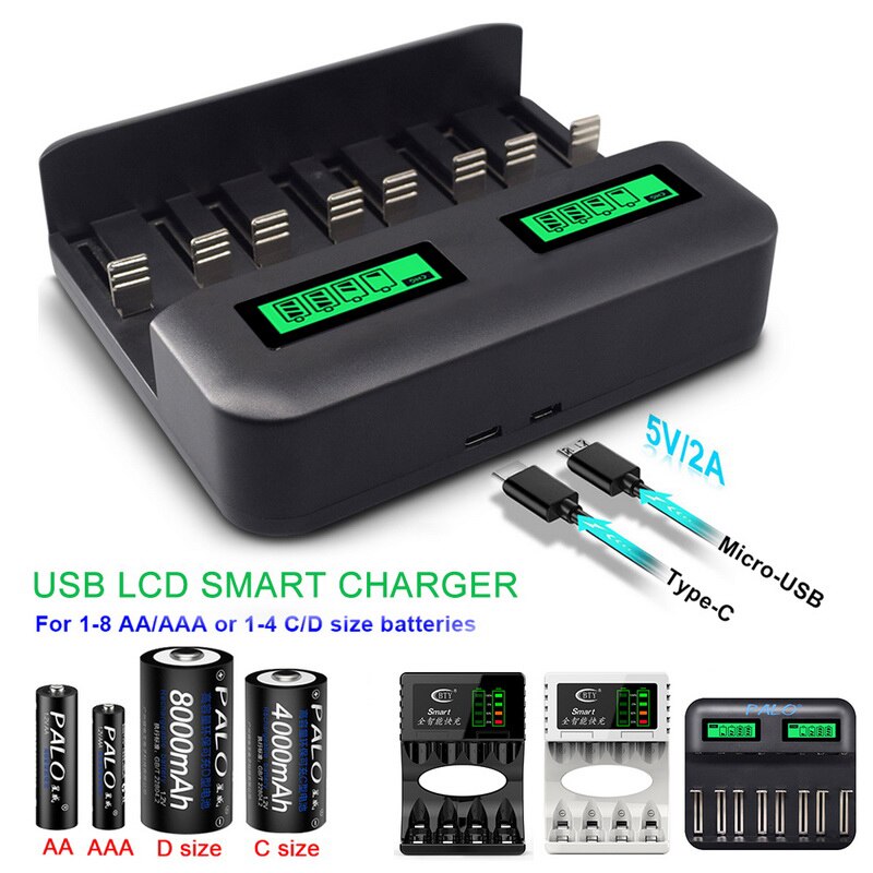 8 Slots Lcd Display Usb Smart Battery Charger For Aa Aaa Sc C D Size Rechargeable Battery 1.2V Ni-Mh Ni-Cd Quick Charger