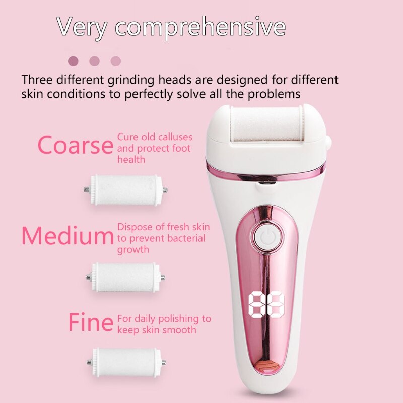 Lime de pied rechargeable électrique de calus de pied avec 3 têtes de meulage et outils imperméables de soin de pied