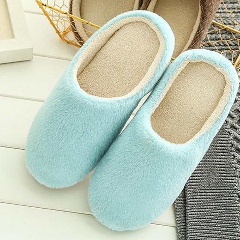 Winter Thuis Mannen En Vrouwen Effen Kleur Slippers Mode Paar Pluche Slippers Antislip Warm Binnenshuis Slaapkamer Vloer Schoenen: blue / 40-41