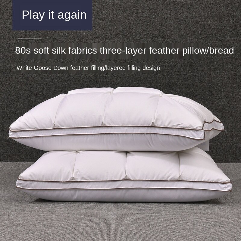 80 Three-layer Down Pillow Bread Type 95% White Goose Down Pillow Adult Single Five-star Hotel Duvet Cover White