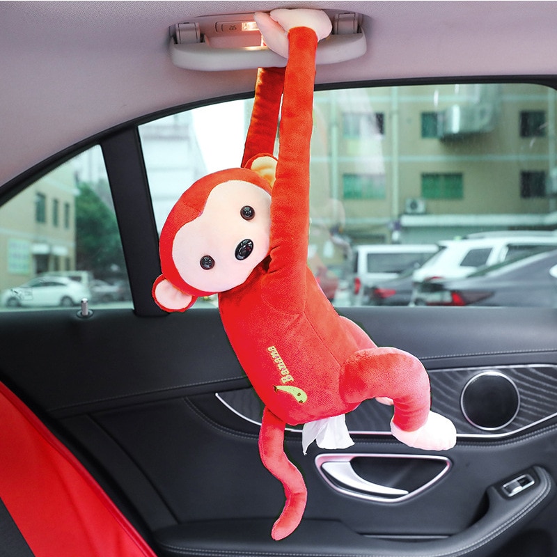 Caja de pañuelos creativa, caja de servilletas de papel de mono lindo, cajas de papel de animales de dibujos animados lindos, soporte colgante para coche y pared para servilletas: red with paper
