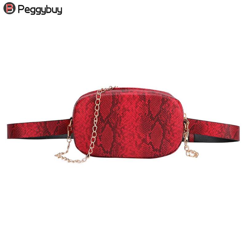 Slangemønster læder kæde bæltetasker telefonpose kvinder pu læder talje tasker kvindelige fanny pakker: Rød