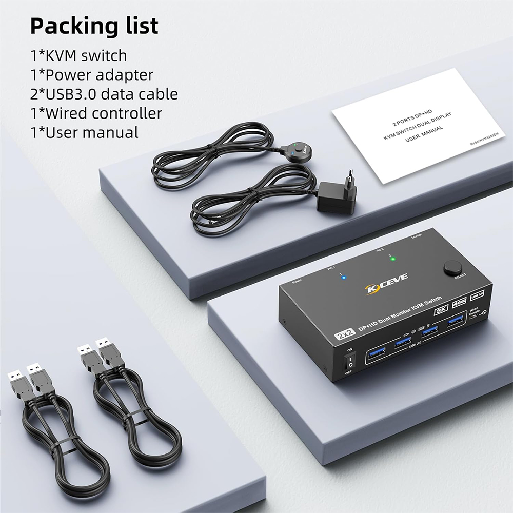 8k kvm switch 8k @ 60hz 4k @ 144hz kvm switch med 2 porte 2 skærme 2 computere hdmi-kompatibel+dp usb 3.0 switch udvidelsesskærm: Blå