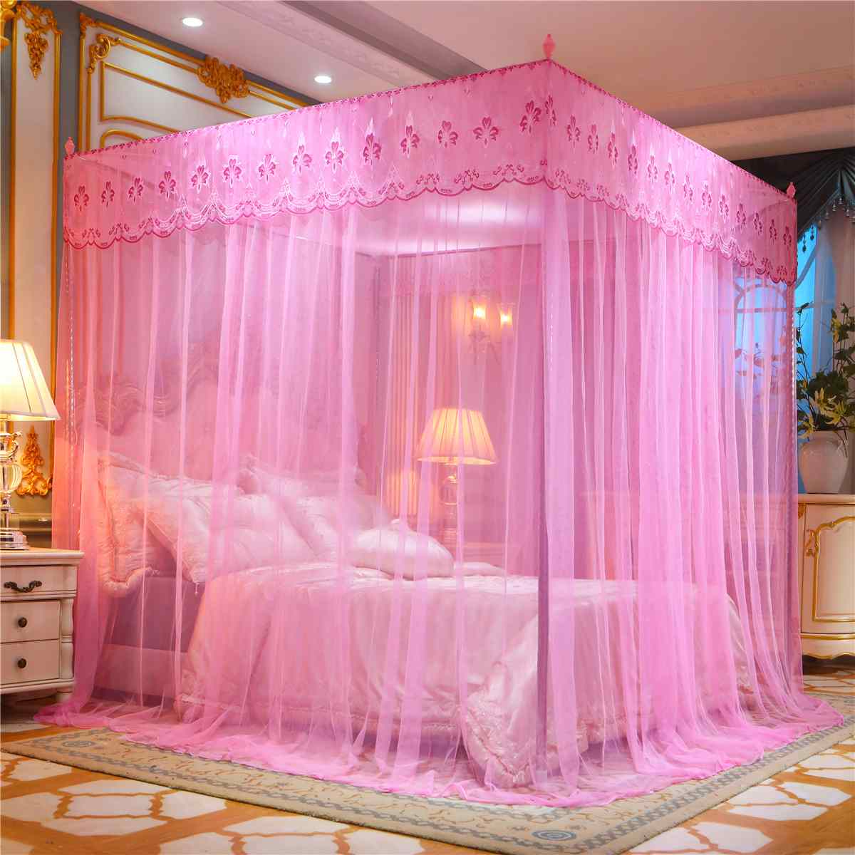 Four Corner Mosquito Netting Canopy Mosquito Net For Double Bed Mosquito Repellent Tent Insect Reject Canopy Bed Curtain: Pink