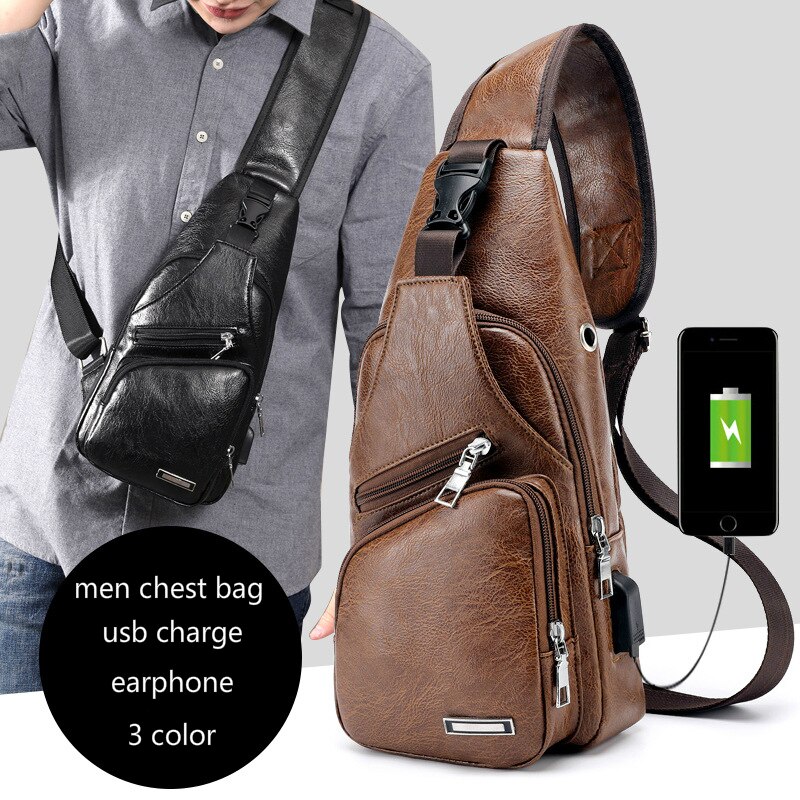 Men Back Pack Chest Pack Single Shouler Rucksack England Chest Bag Shoulder Cross Body PU Leather External USB Charger