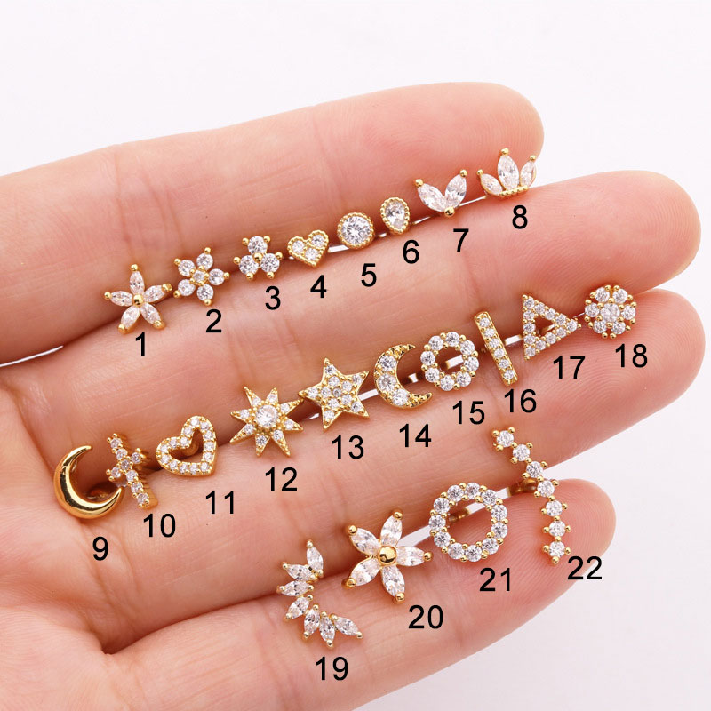 Piercing de oreja de circonita para mujer, pendientes de tuerca de acero inoxidable, Luna, flor, cartílago, hélice, Tragus, Rook, joyería plana, 1 ud.: Verde / Color dorado