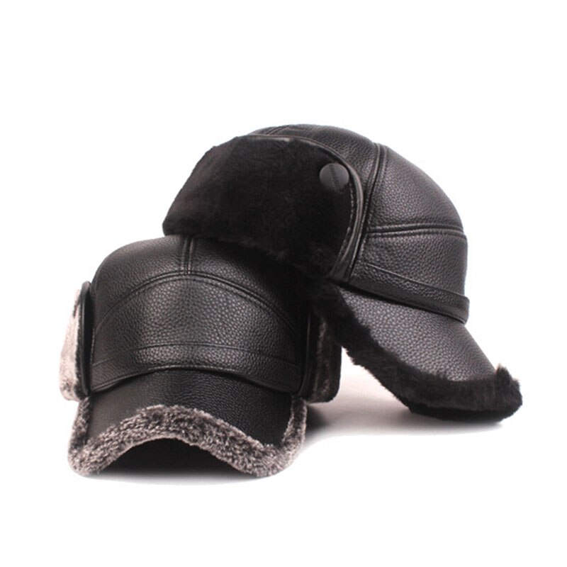 Winter Warm Mens Leather Cap Warm Baseball Cap with Ear Flaps Thick Fur Caps for Winter Bomber Hats PU Leather Man Hat