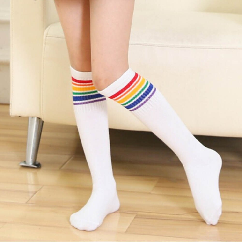 Girl Boy Rainbow Striped Sports Socks Knee-High Long Sock Football Running Socks For Kids