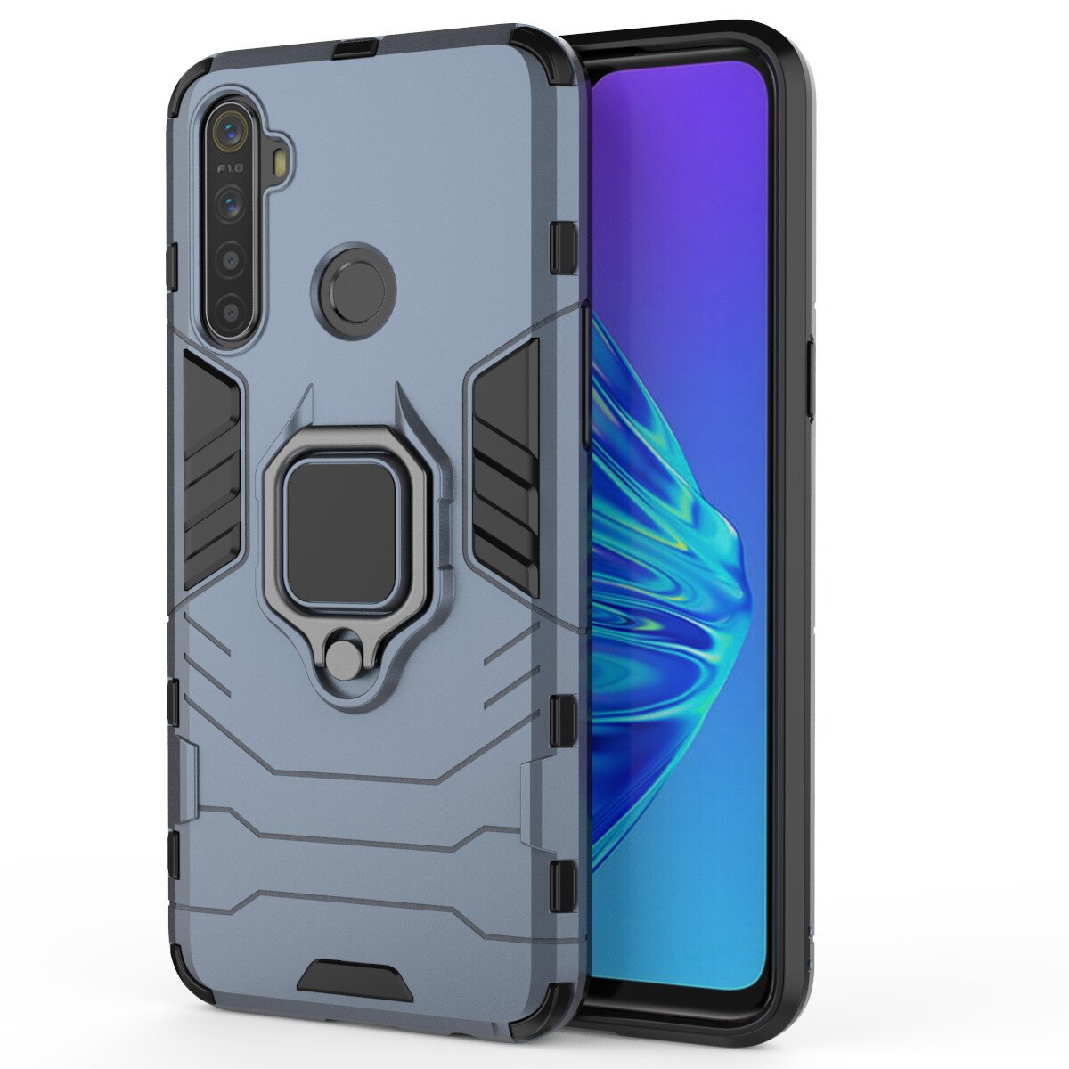 Hybrid Rugged Armor For OPPO REALME C3 Case Kickstand With Metal Finger Ring Shock Proof Cover For OPPO Realmi C3 Phone Cases: Deep Blue