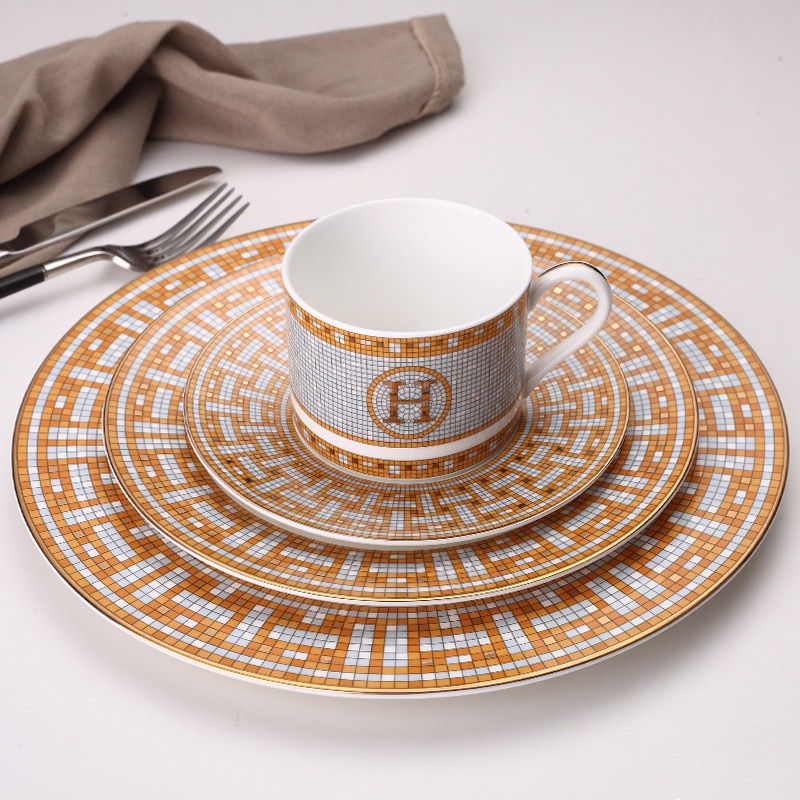 Ceramic Dinner Plates Geometric Pattern Ceramic Dish Dinner Plate Yellow Grid Dinnerware Set dessert plate dinnerware cake plate