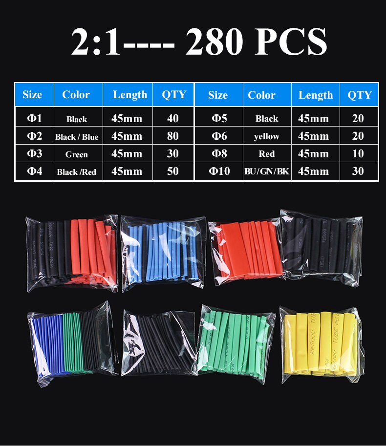 Heat Shrink wrapped Shrinking 2:1 Insulation Sleeving Thermal Casing Car Electrical Cable shrink tube Tube kit Thermoresistant: 280PCS No Box