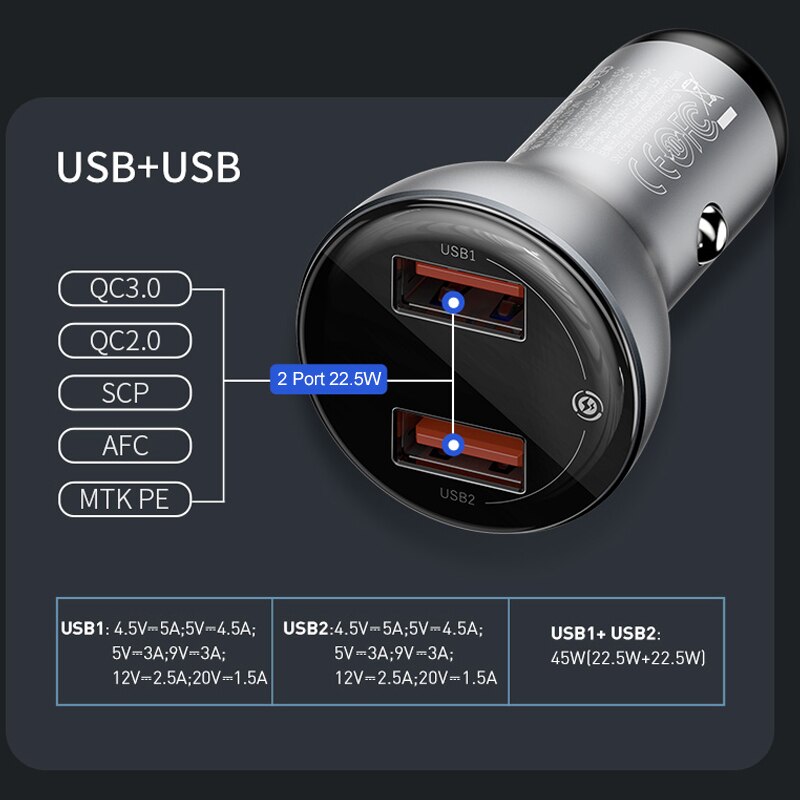 Baseus Metal 45W Dual USB Car Charger for iPhone 11 Samsung S9 Mobile Phone Charger for Xiaomi Car Phone Charger LED Display