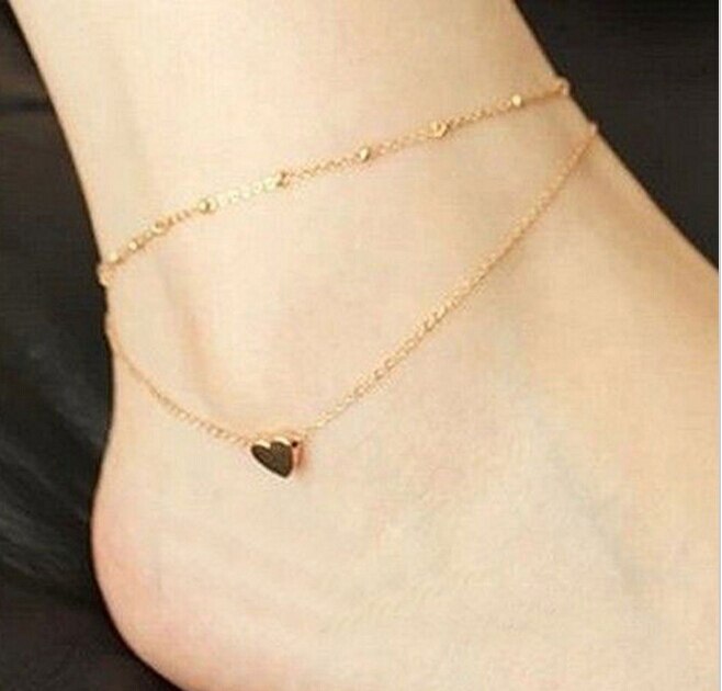 Neue Strand Schmuck sexy Gold-Tonne Liebe Herzen Armbinde Doppelschicht Kette Fuß Fußkettchen Fußkettchen Für Frauen Fuß Schmuck