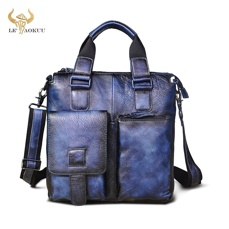 Men Original Leather Retro Business Briefcase Casual 12&quot; Laptop Travel Bag Tote Attache Messenger Bag Portfolio B259: dark blue