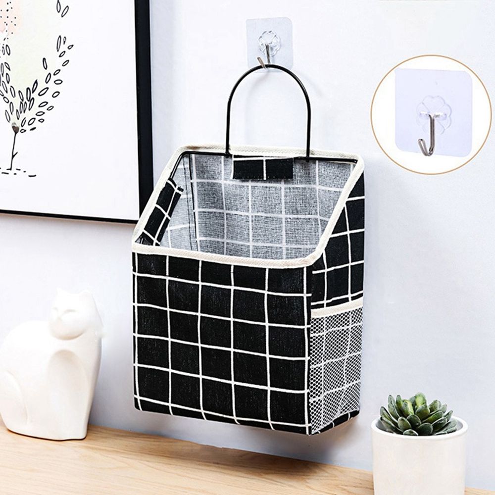 Panier de rangement en lin et coton, tissu imprimé à rayures simples, sac de rangement mural suspendu à la maison ou au bureau avec crochet: 14