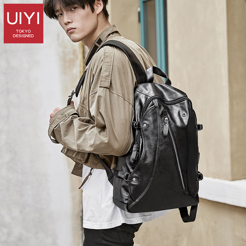 UIYI Korean men's backpack PU leather camouflage backpack large capacity school bag travel laptop bag Headphone hole mochilas