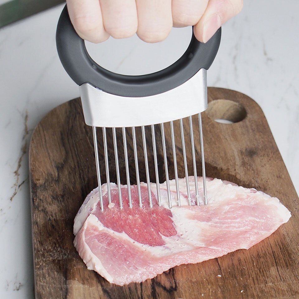 304 Stainless Steel 2 in 1Onion Holder Odor Meat Remover Slicer Cutter Chopper Onion Peeler Wash Stone