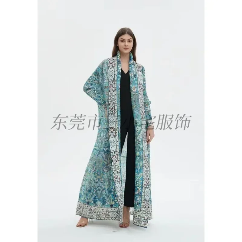 KAF Plissee Frauen Graben Mantel Jahrgang Gedruckt Strickjacke verlieren Plus Größe Frauen Lange Kleid Dubai Weibliche Luxus Abaya 2024