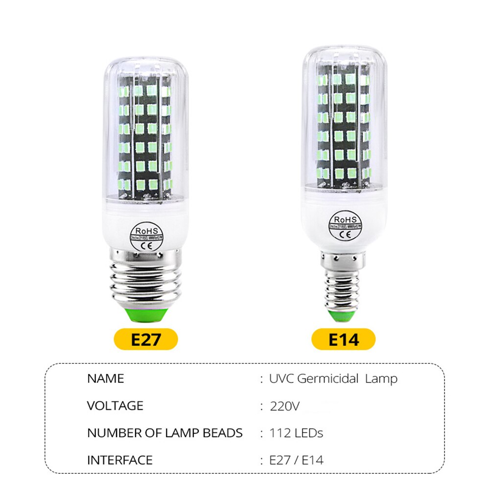GU10 E14 E27 112 72 LEDS 220V 110V LEDs Disinfection Bulb UV Light Bedroom Hospital Corn Shape UVC Germicidal Lamp