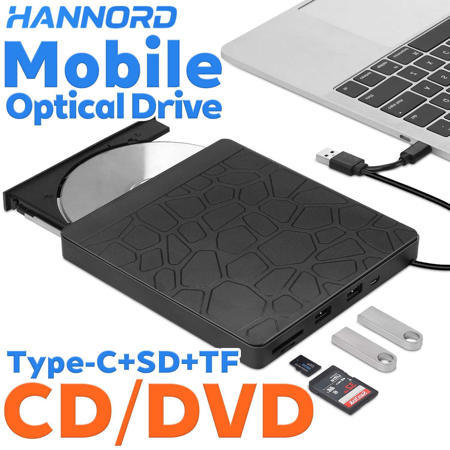 Hannord CD/DVD Optical Drives External +/-RW ROM USB 3.0 Type-C 5in1 Slim Portable Drive Reader External Burner with SD TF Slot