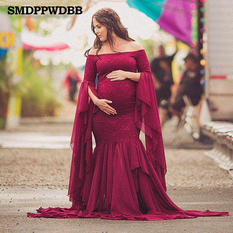 Förlossningsfotografering rekvisita mammaklänning fotografering sexig boho axellösa klocka ärmar maxi lång klänning gravid sjöjungfru