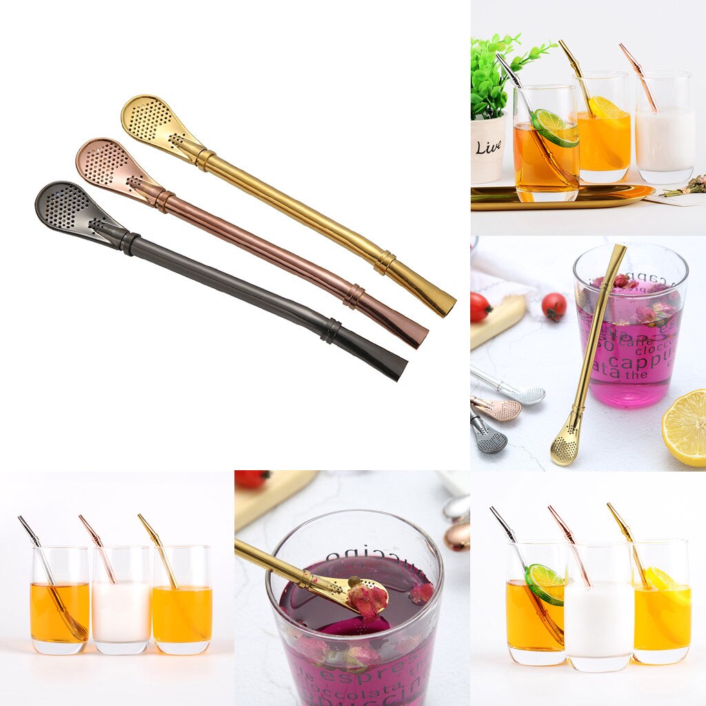 2Pcs Multifunctionele Rvs Rietje Lepel Thee Filter Yerba Mate Thee Rietjes Herbruikbare Thee Gereedschap Wasbare Bar Gereedschap