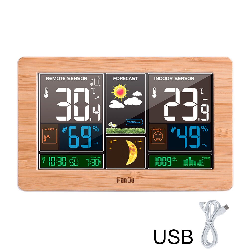 FanJu Weather Station Digital Wall Alarm Clock Table Desk Clocks Thermometer Hygrometer Barometer Wireless Outdoor Sensor FJ3378: Wood