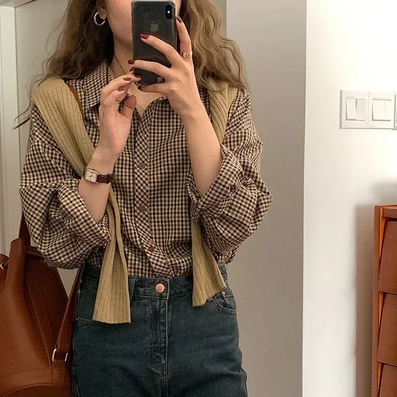 Camisas a cuadros para mujer, blusas Retro con cuello vuelto, combinables con todo, estilo recto de Hong Kong, abotonada, prendas de vestir elegantes de manga larga para mujer