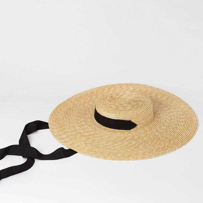 Wide Brim Boater Hat 15Cm Brim Straw Hat Flat Women Kentucky Derby Hat Ribbon Tie Sun Hat Beach Cap