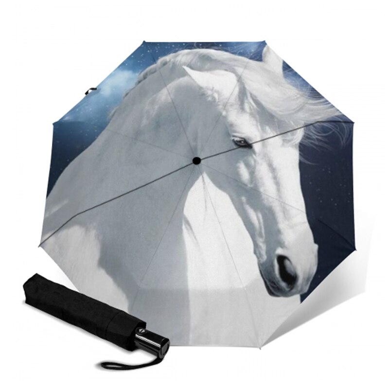 Anti uv drie opvouwbare witte paardenpatroon paraplu dieren schilderij pongee zonnige en regenachtige paraplu's mannen en vrouwen kunstparasol: Ysa 2105