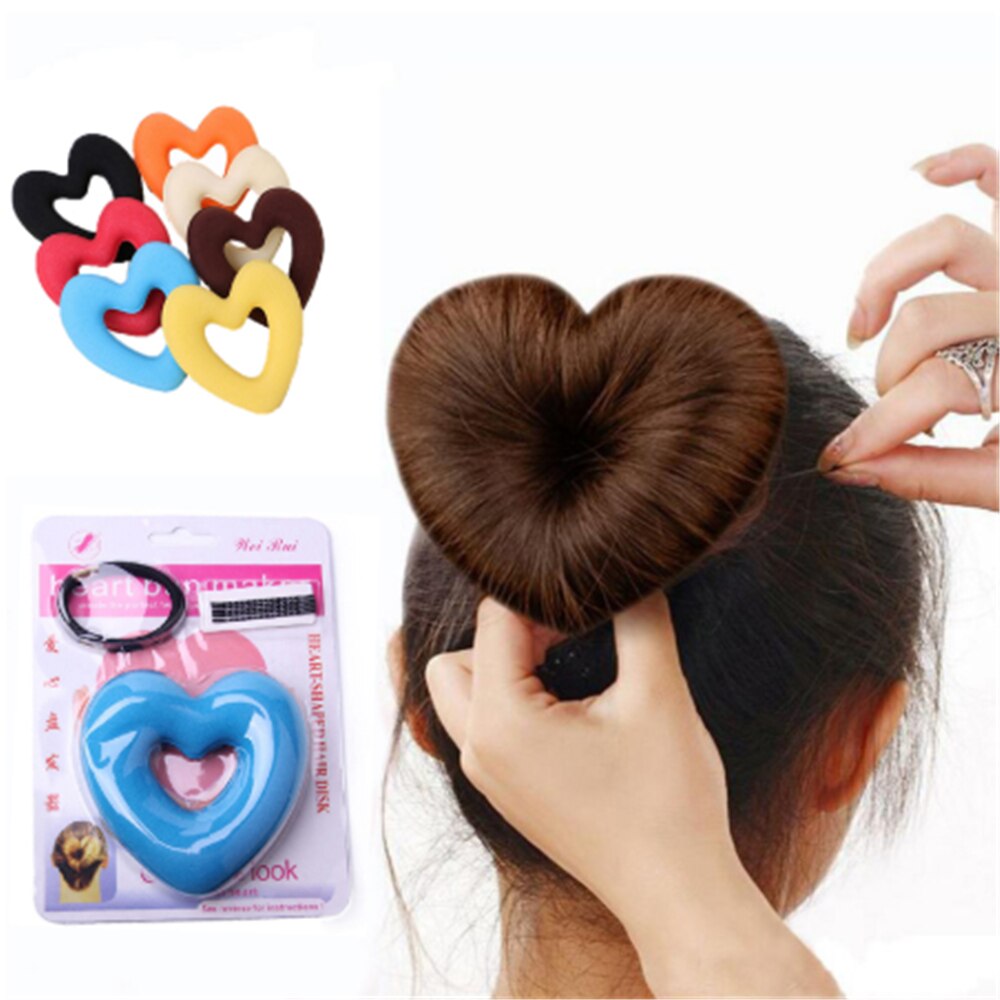 1 Juego de Herramienta de Peinado en forma de corazón para mujer y niña, bandas para pelo para mujer, esponja bráctea, albóndiga de cabeza, anillo de Donut, accesorios para el cabello