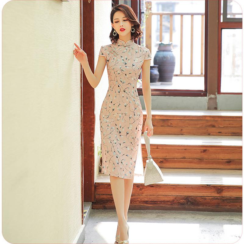 Chinese stijl mandarijn kraag sexy slanke lange vrouwelijke qipao nieuwigheid print satijnen cheongsam klassieke avondfeestjurk vestidos: Roze / Ik
