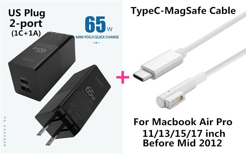 65W GaN USB C PD MagSaf* Power Adapter 2-Ports Fast Smart Mobile Phone Quick Charger For Laptop Macbook iphone Xiaomi Huawei: US With MagSafe