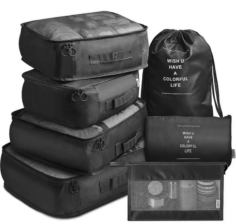 7/Pcs Travel Storage Bag Large Capacity Suitcase Storage Luggage Clothes Sorting Organizer Set Pouch Case Shoes Packing Cube: black