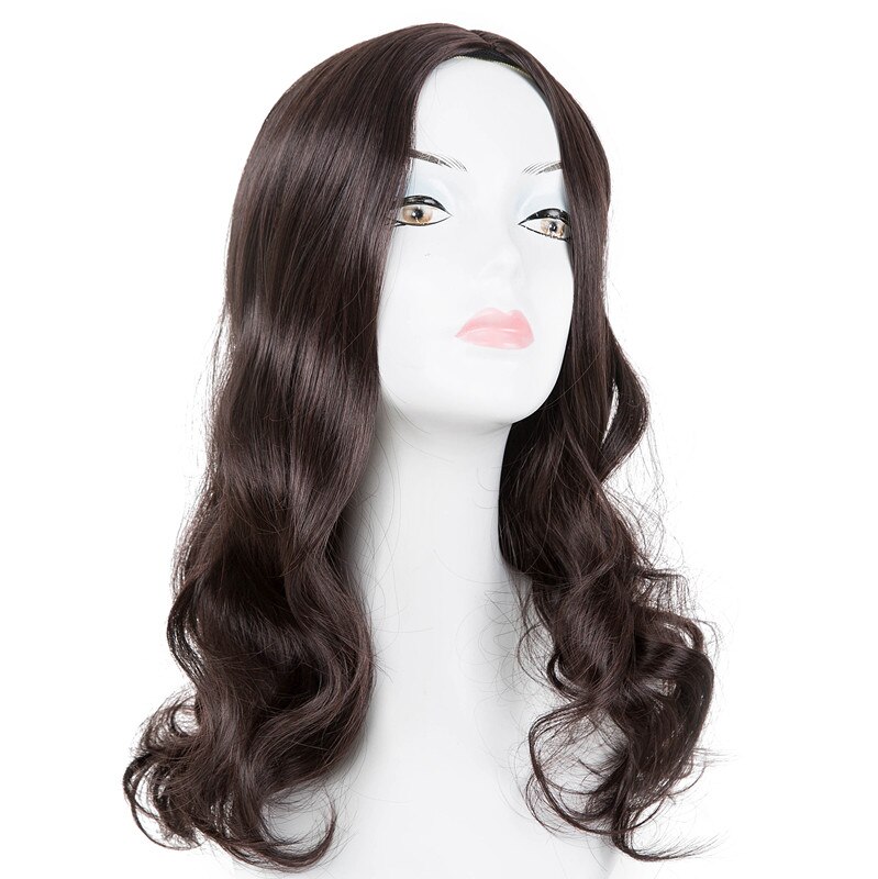 Fei-show fibra sintética resistente al calor medio rizado LÍNEA DE parte media sin explosión Peluca de cabello negro mujeres salón negro peluca: Marrón