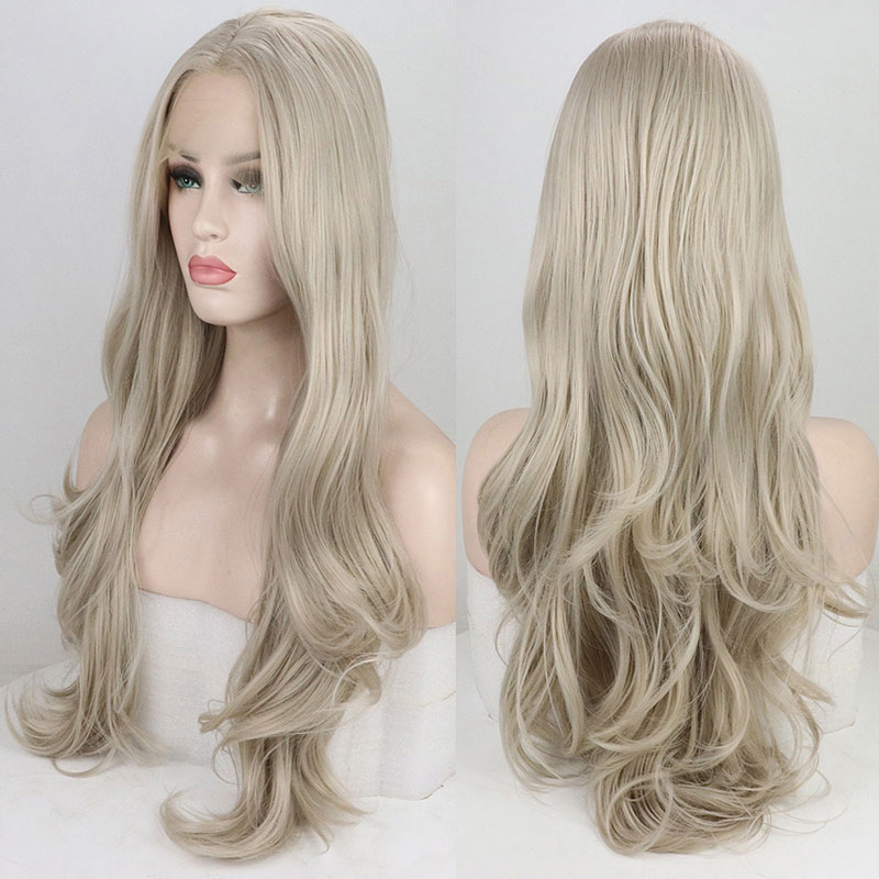 Bombe Platin Grau Natürliche Welle Synthetische 13*3 Spitze Vorne Perücke Glueless Hitze Beständig Faser Haar Natürlichen Haaransatz Für frauen