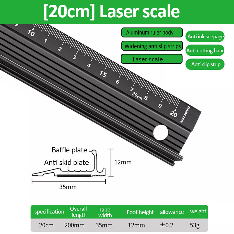 Règle droite multifonctionnelle en alliage d'aluminium de haute précision, 20/30/45cm, Anti-coupure, marquage des mains, pour la mesure du dessin: Beige
