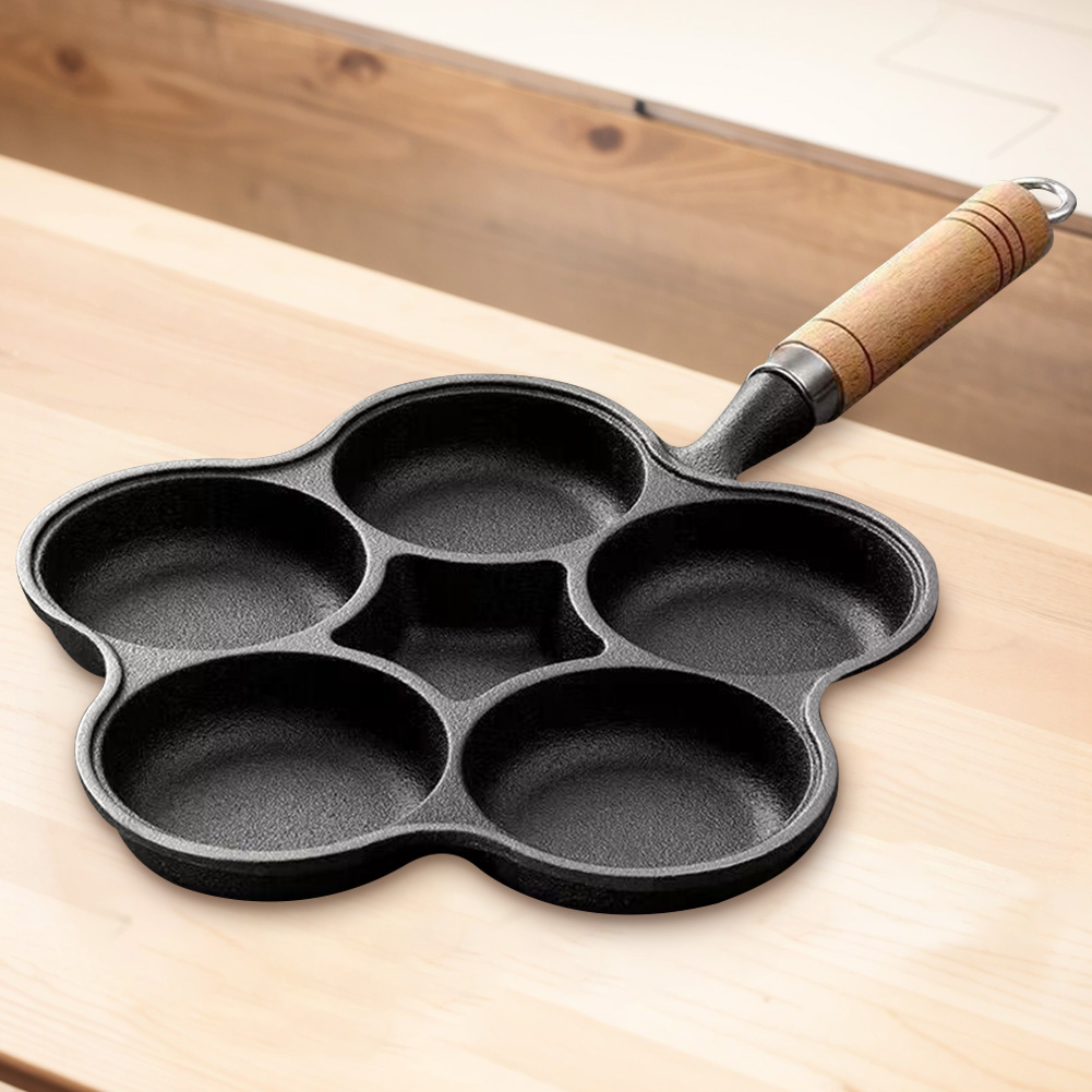 5-ronde gaten eierkoekenpan gietijzeren kookgerei pannenkoekpan creatieve ontbijtgrill kookpot voor gasfornuis inductiekookplaat