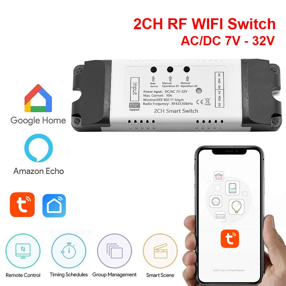 Módulo de interruptor inteligente para el hogar, relé con WiFi de 220V y 2 canales, con autobloqueo, Control remoto por aplicación Tuya Smart Life, funciona con Alexa y Google Home: 2CH 7-32V