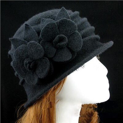2018 nuove donne fedora 100% cappelli invernali a cupola in pura lana per donna floreale casuale marca calda signora autunno floscio morbido ragazze fedora: nero
