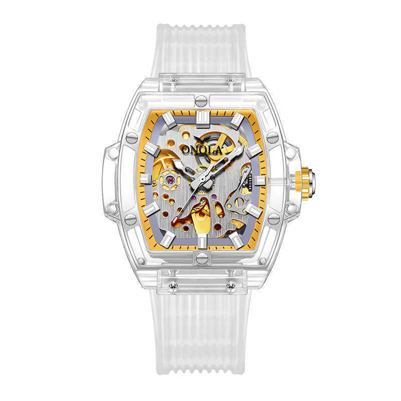 Luxe Herenhorloge Onola Plastic Transparante Holle Volautomatische Mechanische Horloges Heren Waterdichte Klok: Zilver
