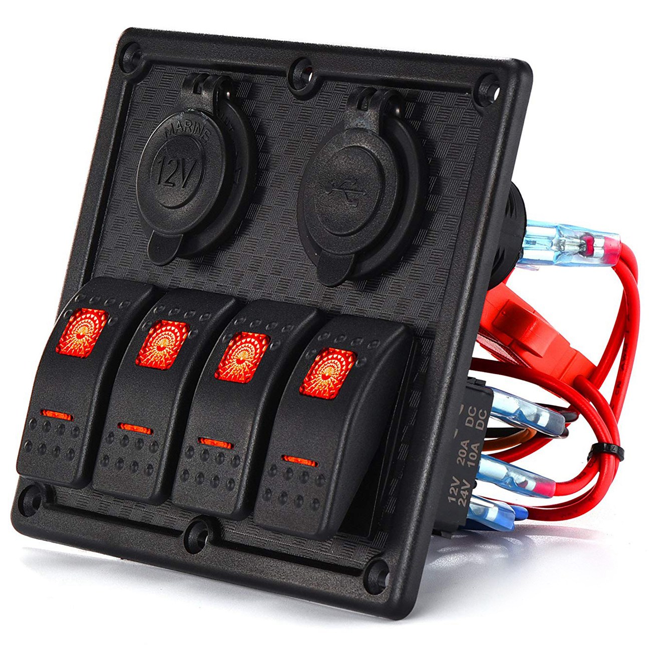 Pannello Interruttori TOTMOX 4 Gang 12V/24V Con Voltmetro E Doppia USB – Per Auto, Camper, Barca