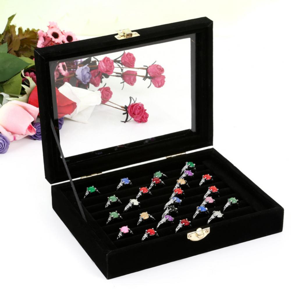Jewelry Display Box Tray Glass Ring Storage Box jewelry organizer/Velvet Rings Stud Earrings Display with Lid joyeros organiz