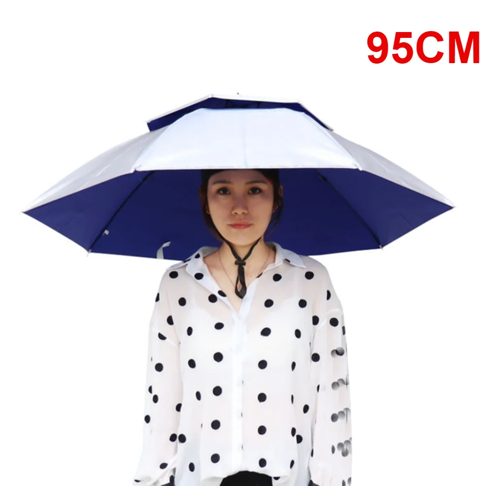 55/65/69/77/95cm Outdoor Fishing Caps Rain Umbrella Hat Foldable Fishing Sunshade Headwear Cap Waterproof Camping Beach Sun Hat: SKY BLUE
