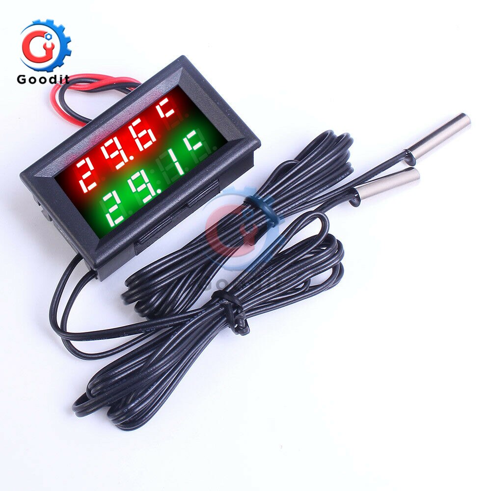 Mini LED Dual Display Digital Thermometer DC 4V-28V 0.28 inch w/ Dual NTC Waterproof Metal Probe Temperature Sensor Tester for I: 4 Bits Red Green