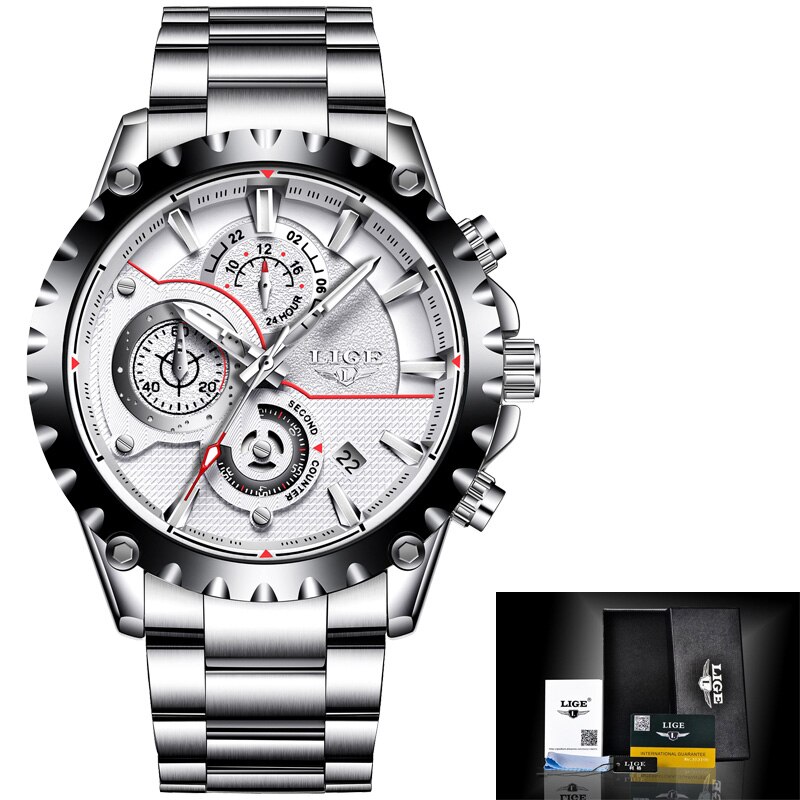 Mannen Horloge Top Luik Luxe Quartz Horloge Mannen Sport Chronograaf Roestvrij Staal Waterdicht Heren Horloge Relogio Masculino: silver white steel