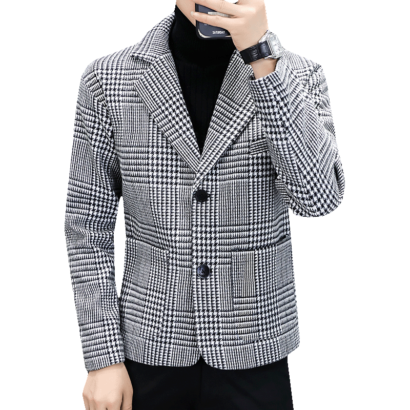 Autum Winter Wool Blends Blazers Men Plaid Casual Slim Suit Jacket British Style Business Social Dress Coat Wedding Windbreaker